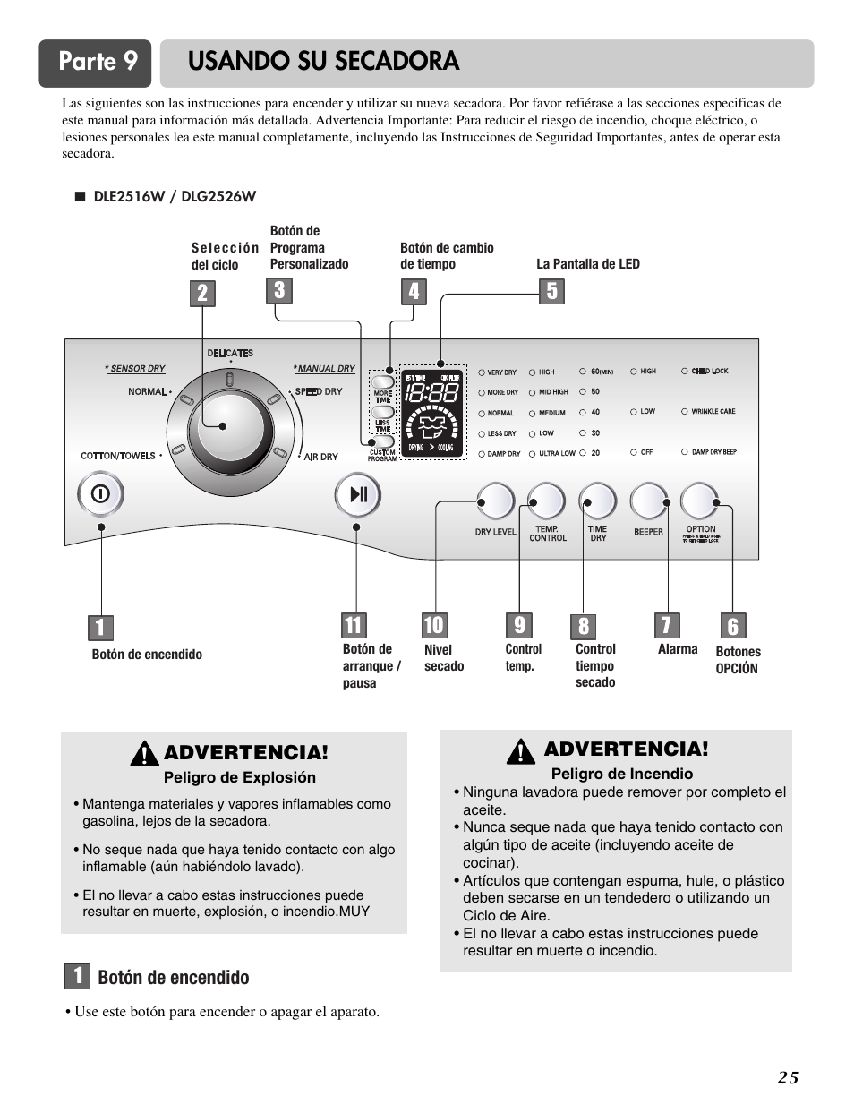 Parte 9 usando su secadora, Advertencia, 11 botón de encendido | LG DLE2516W User Manual | Page 58 / 67