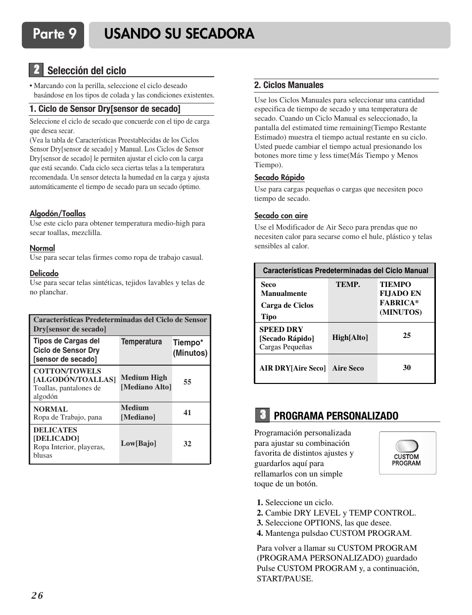 Parte 9 usando su secadora, 2selección del ciclo, 3programa personalizado | LG DLE2516W User Manual | Page 59 / 67
