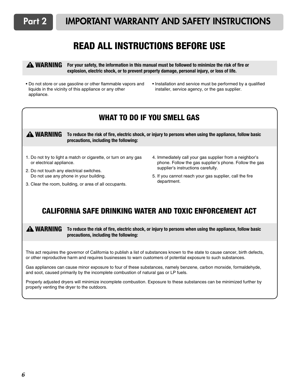 Read all instructions before use, Part 2 important warranty and safety instructions, Warning | LG DLE2516W User Manual | Page 6 / 67