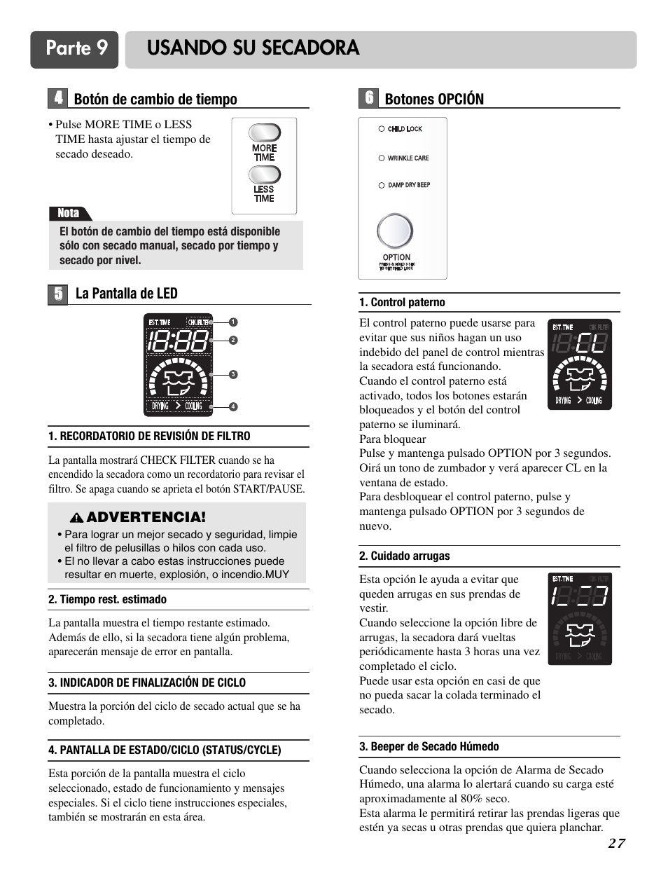 Parte 9 usando su secadora, 45 5 botón de cambio de tiempo, 6botones opción | La pantalla de led | LG DLE2516W User Manual | Page 60 / 67