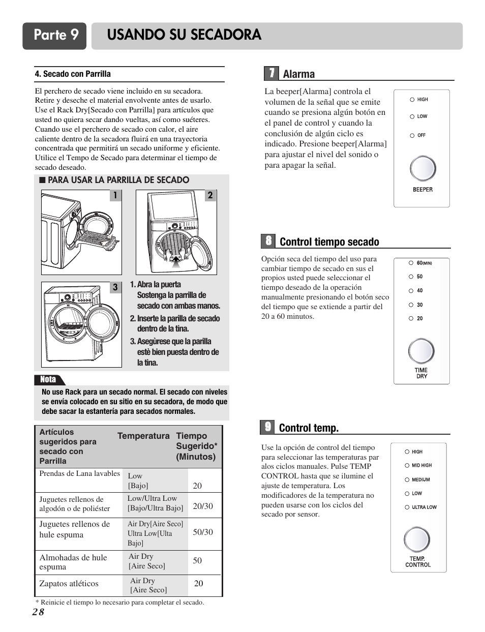 Parte 9 usando su secadora, 77 alarma, 8control tiempo secado 9 9 control temp | LG DLE2516W User Manual | Page 61 / 67