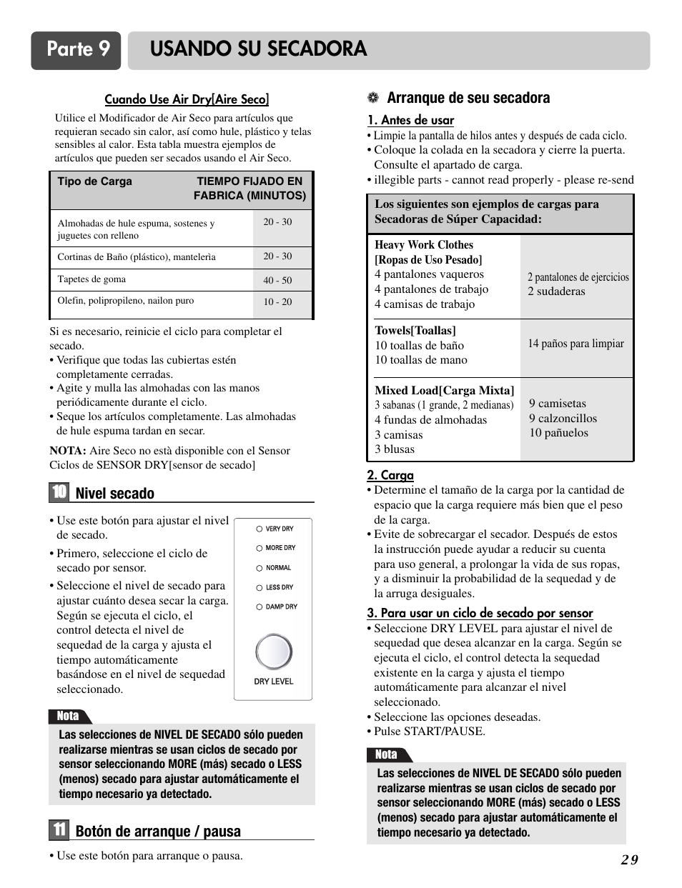 Parte 9 usando su secadora, Arranque de seu secadora, 110 0 nivel secado | 1111 botón de arranque / pausa | LG DLE2516W User Manual | Page 62 / 67