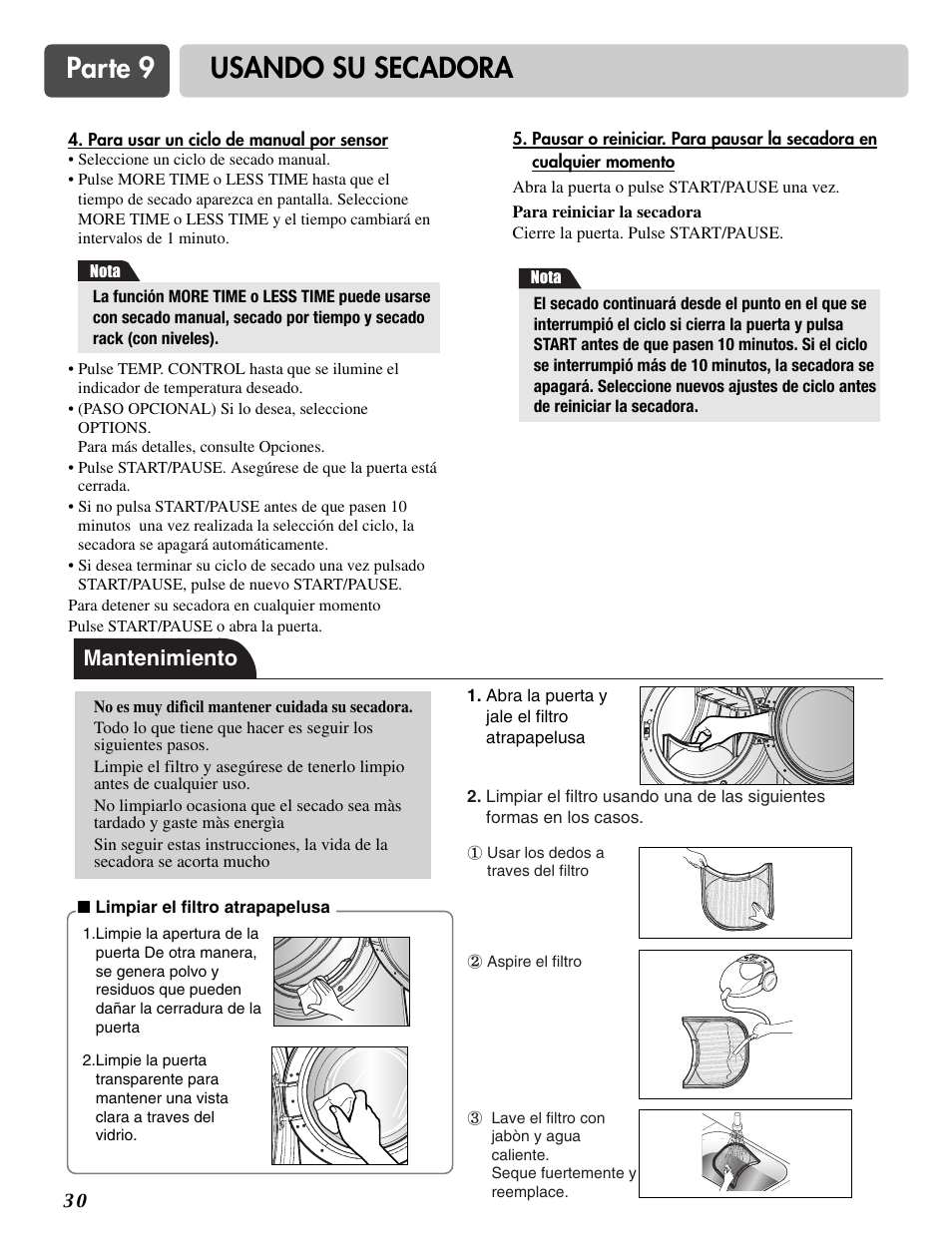 Parte 9 usando su secadora, Mantenimiento | LG DLE2516W User Manual | Page 63 / 67