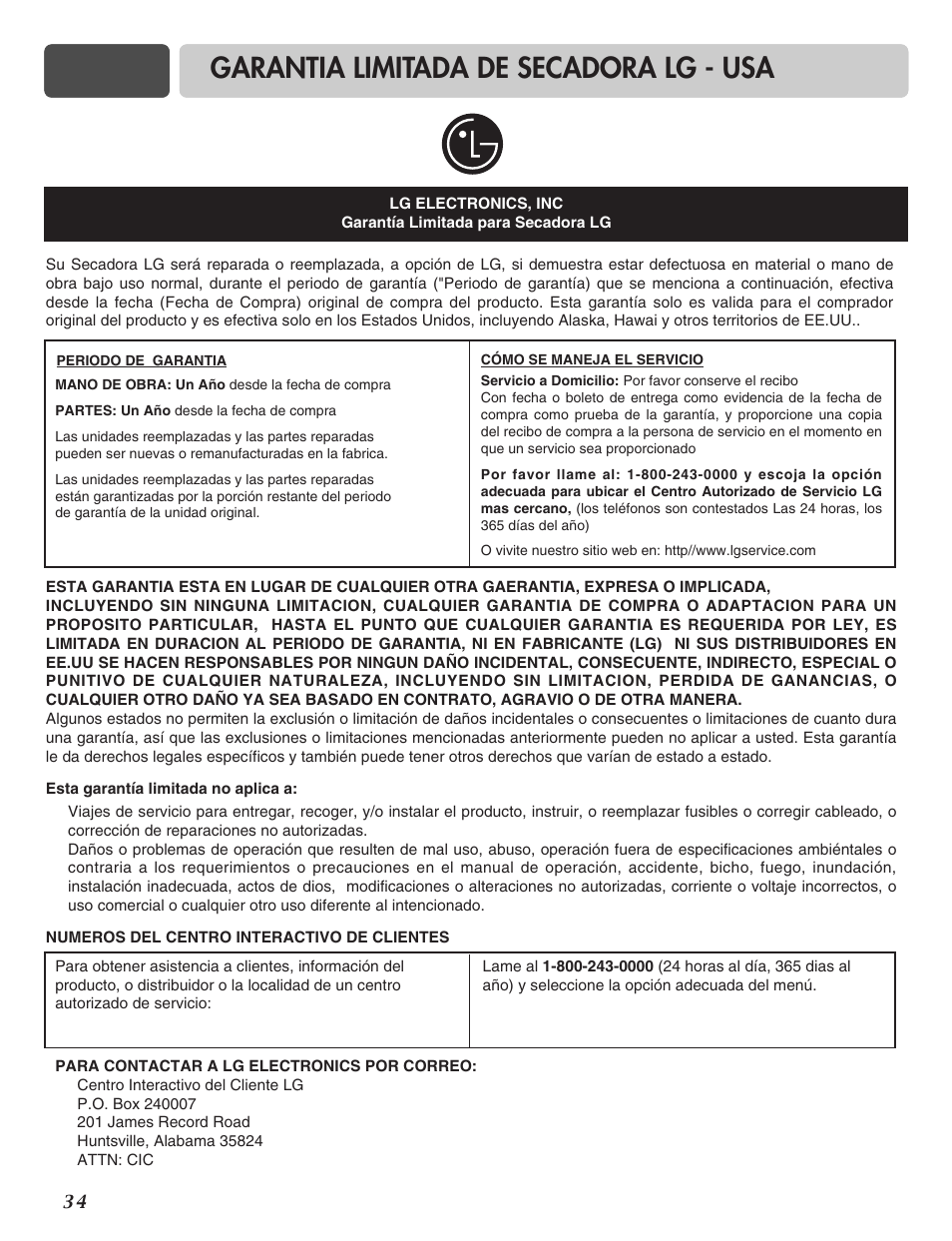 Garantia limitada de secadora lg - usa | LG DLE2516W User Manual | Page 67 / 67