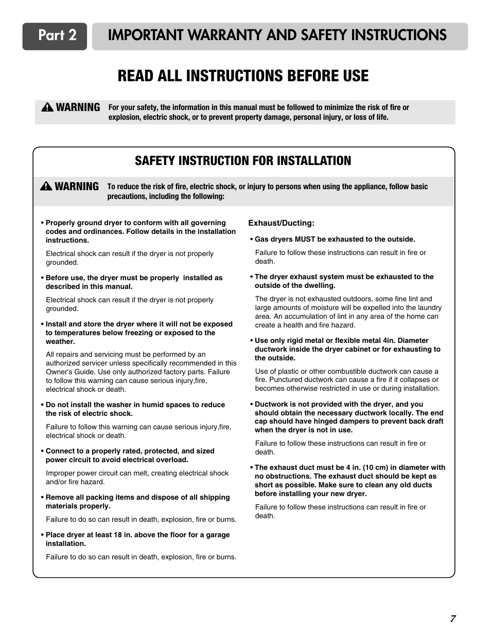 Read all instructions before use, Part 2 important warranty and safety instructions, Safety instruction for installation | Warning | LG DLE2516W User Manual | Page 7 / 67