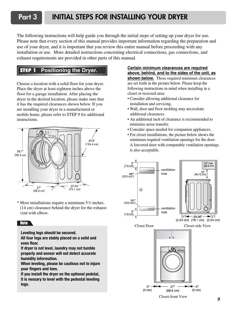 Part 3 initial steps for installing your dryer, Step 1 positioning the dryer | LG DLE2516W User Manual | Page 9 / 67