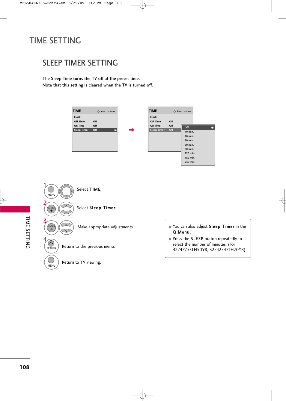 Sleep timer setting, Time setting | LG 19LH20R User Manual | Page 108 / 124