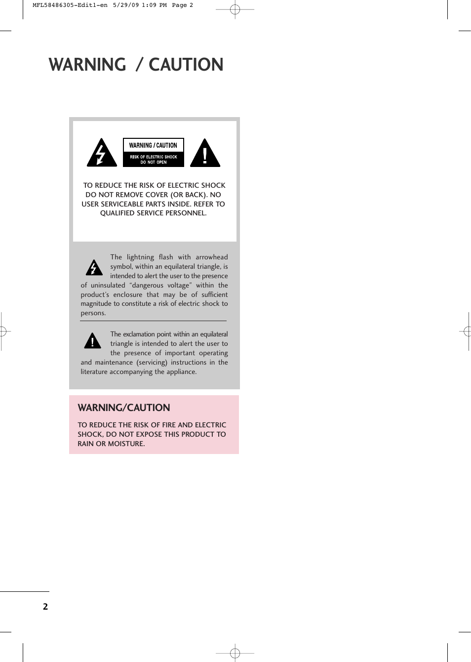 Warning / caution, Warning/caution | LG 19LH20R User Manual | Page 2 / 124