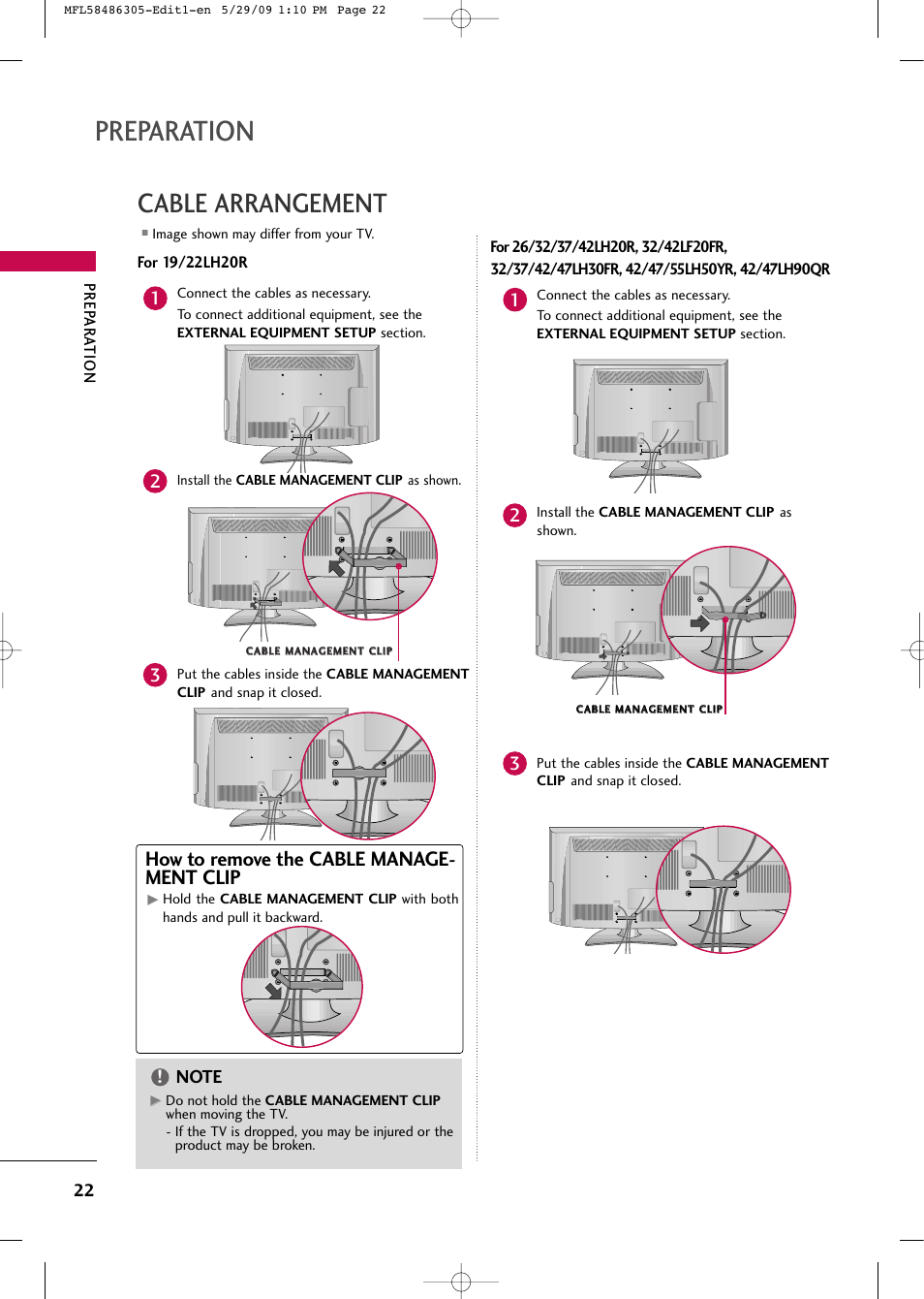 Preparation, Cable arrangement, How to remove the cable manage- ment clip | LG 19LH20R User Manual | Page 22 / 124