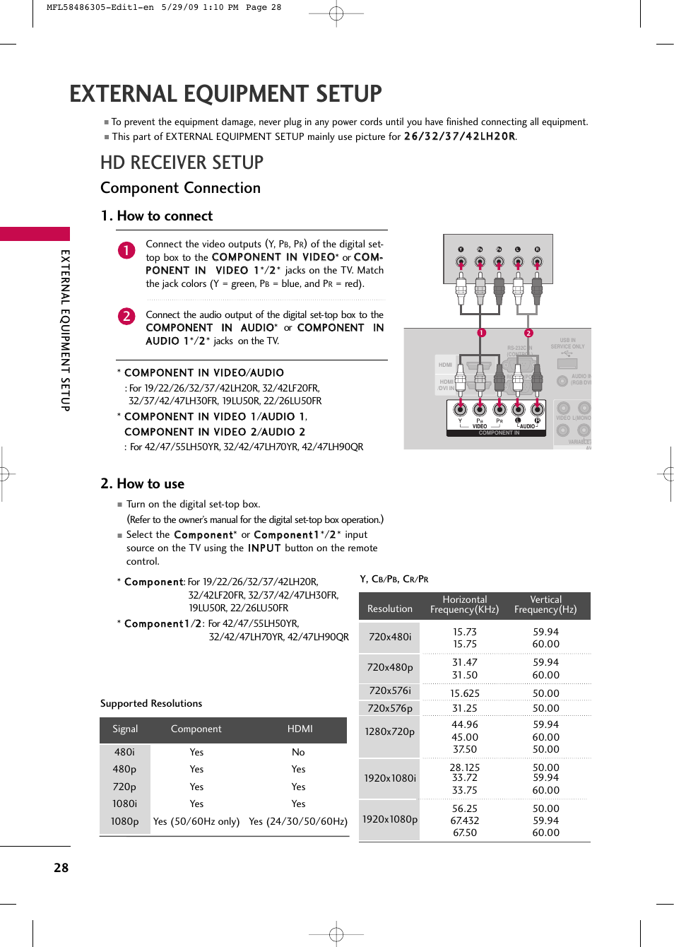 External equipment setup, Hd receiver setup, Component connection | How to connect, How to use | LG 19LH20R User Manual | Page 28 / 124