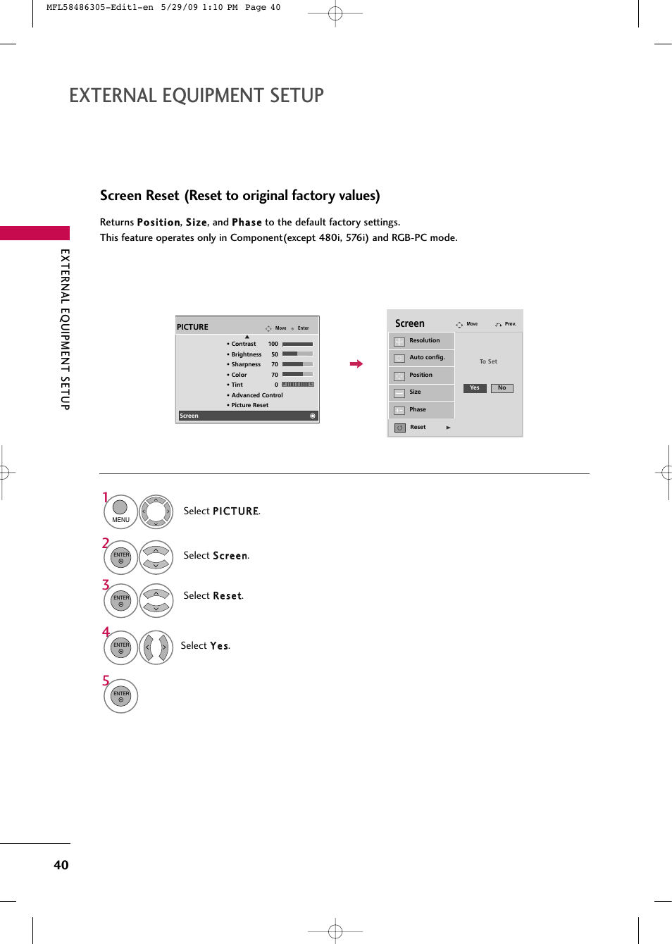 Screen reset (reset to original factory values), External equipment setup | LG 19LH20R User Manual | Page 40 / 124