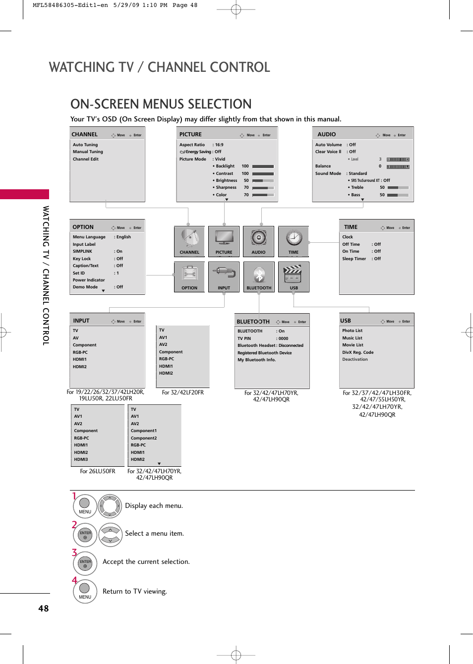 Watching tv / channel control, On-screen menus selection, Wa tching tv / channel contr ol | Return to tv viewing | LG 19LH20R User Manual | Page 48 / 124