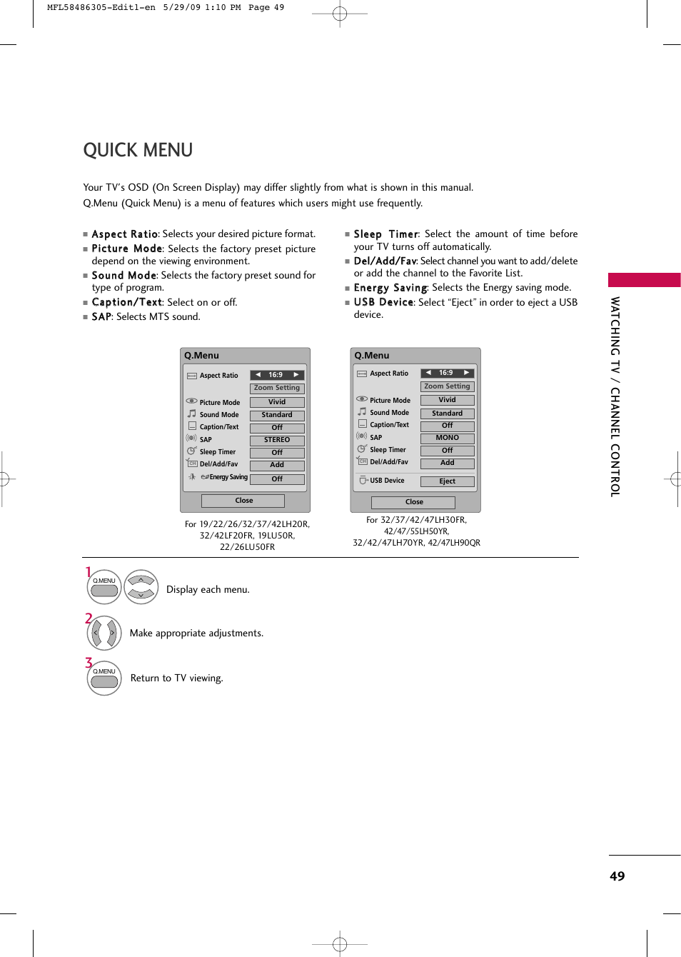 Quick menu, Wa tching tv / channel contr ol | LG 19LH20R User Manual | Page 49 / 124