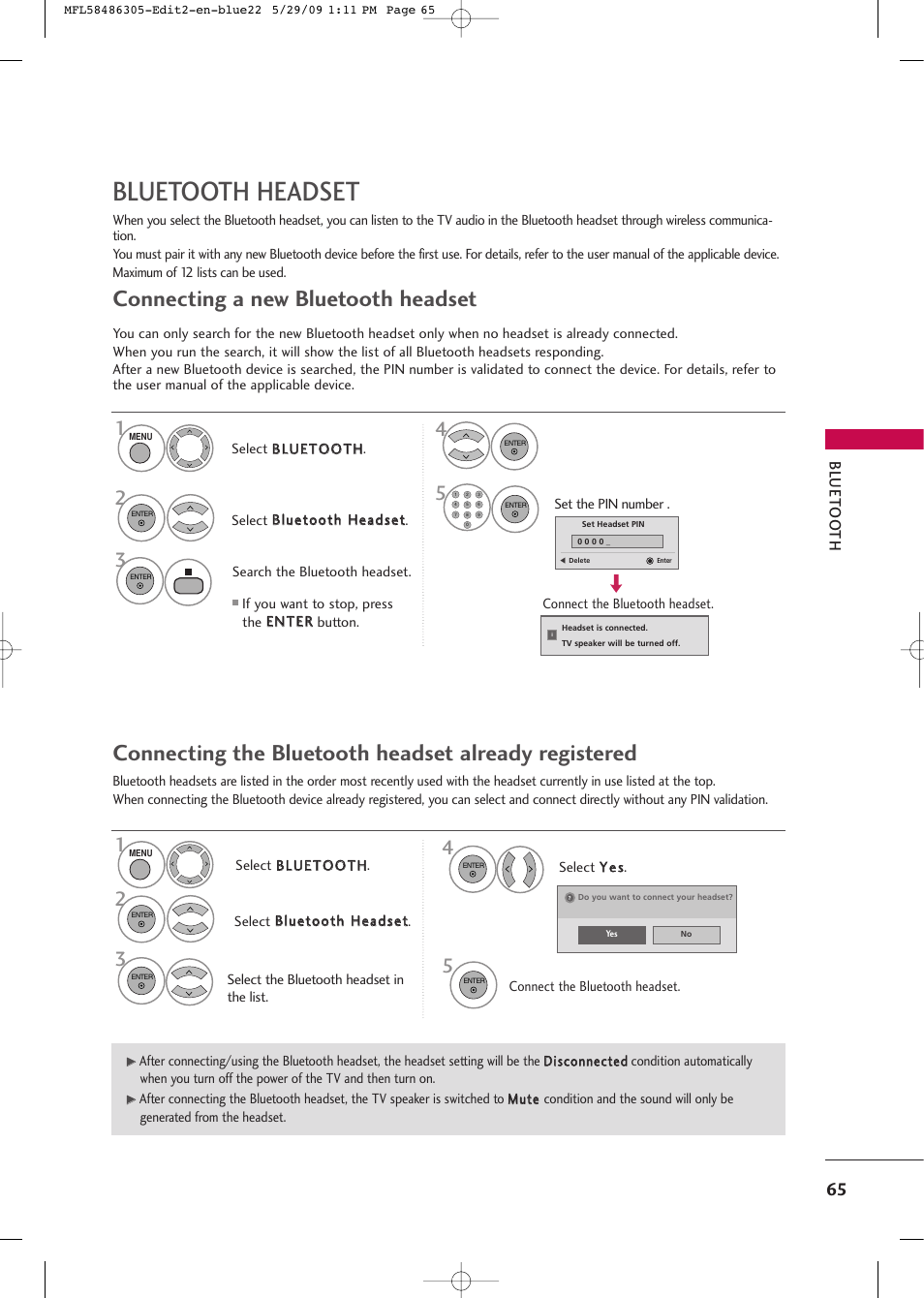 Bluetooth headset, Connecting a new bluetooth headset | LG 19LH20R User Manual | Page 65 / 124