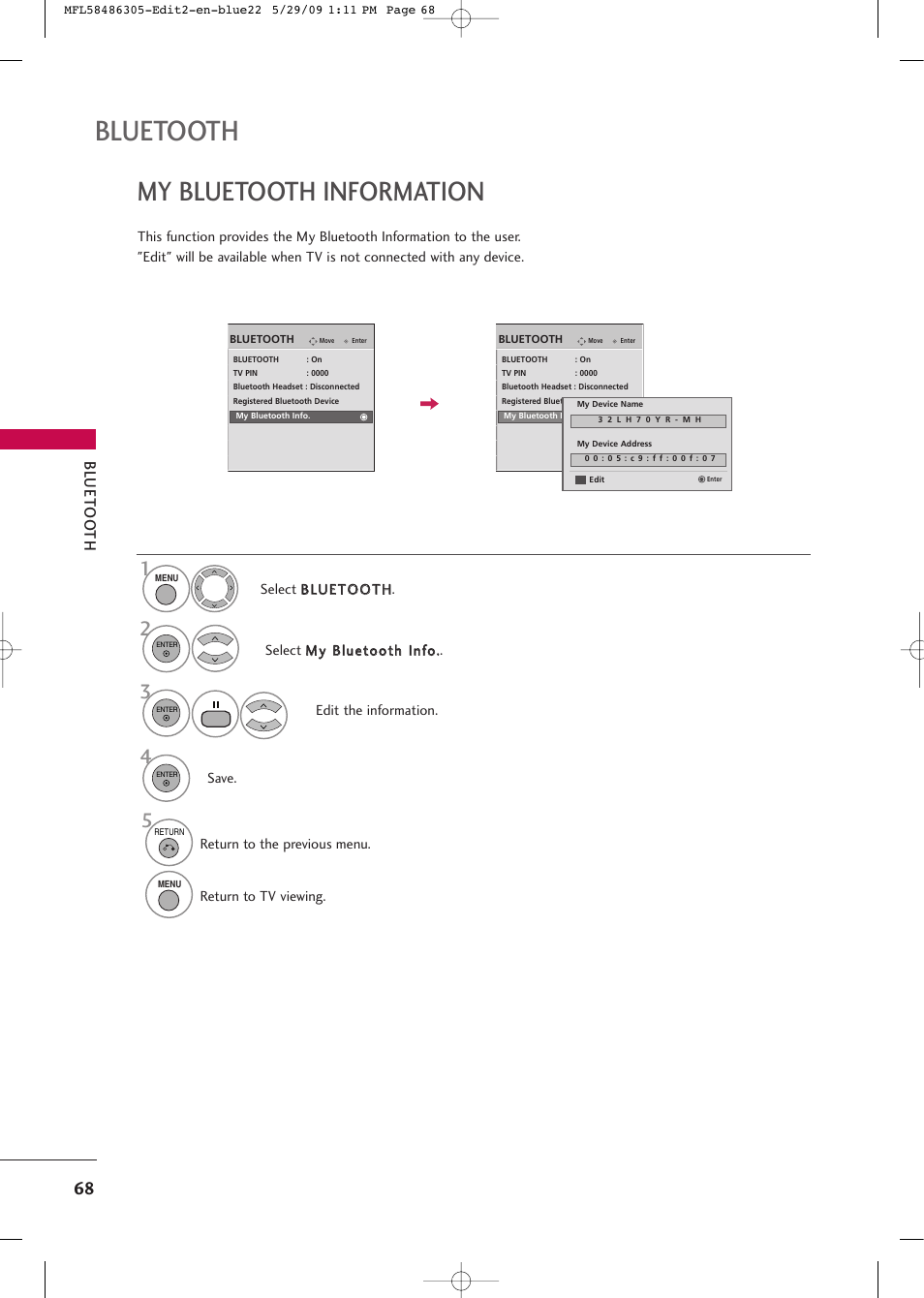 Bluetooth, My bluetooth information | LG 19LH20R User Manual | Page 68 / 124