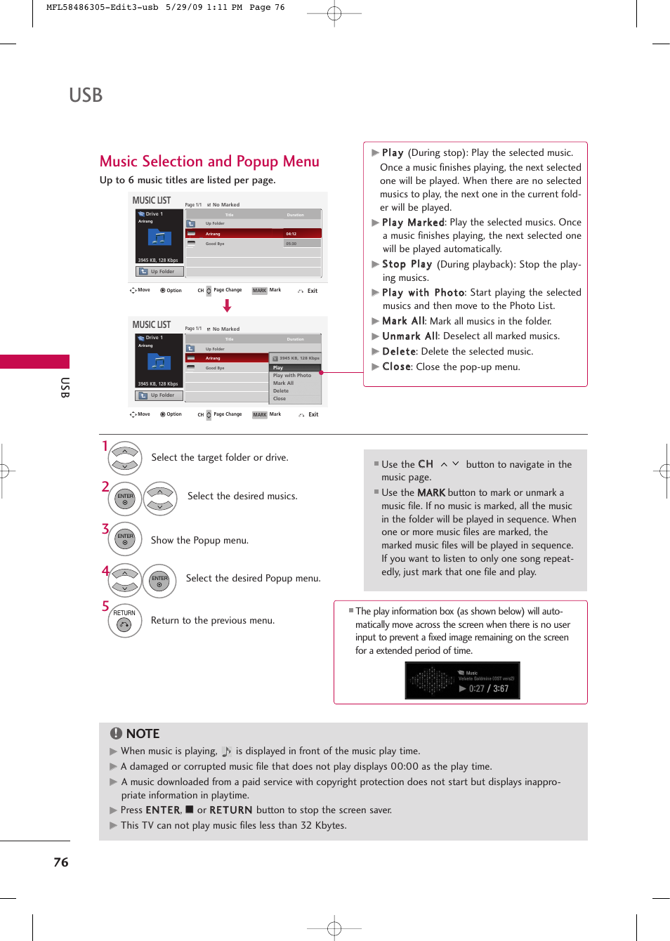 Music selection and popup menu | LG 19LH20R User Manual | Page 76 / 124