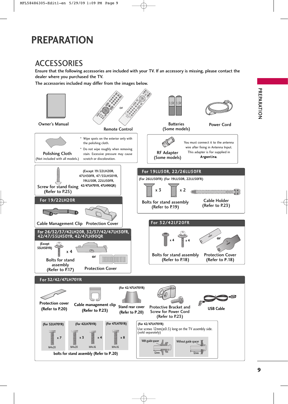 Preparation, Accessories | LG 19LH20R User Manual | Page 9 / 124