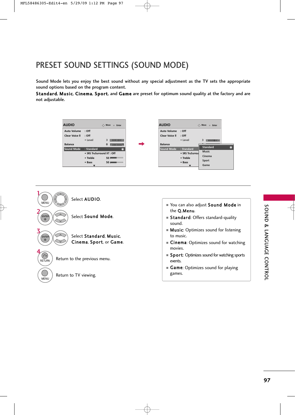 Preset sound settings (sound mode), Sound & langu a ge contr ol | LG 19LH20R User Manual | Page 97 / 124