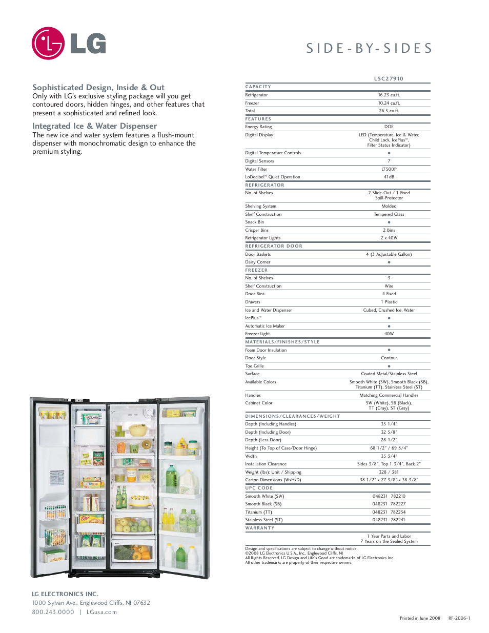 Sophisticated design, inside & out, Integrated ice & water dispenser | LG LSC27910TT User Manual | Page 2 / 2