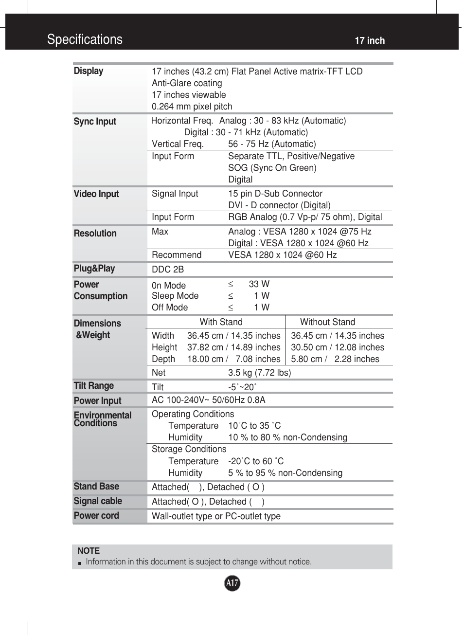 Specifications, 17 inch | LG L1752TX User Manual | Page 18 / 23