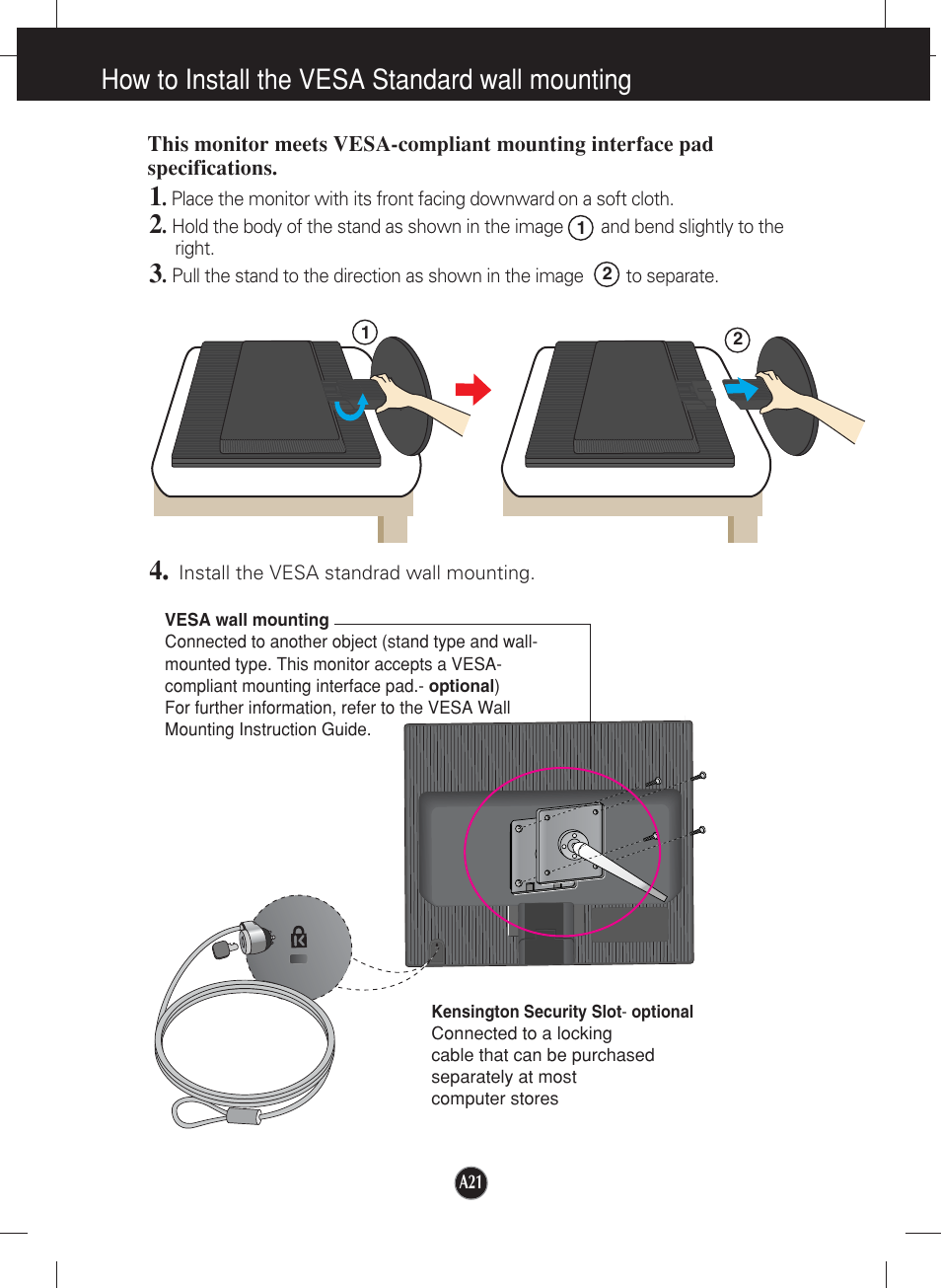 How to install the vesa standard wall mounting, Install the vesa standrad wall mounting | LG L1752TX User Manual | Page 22 / 23