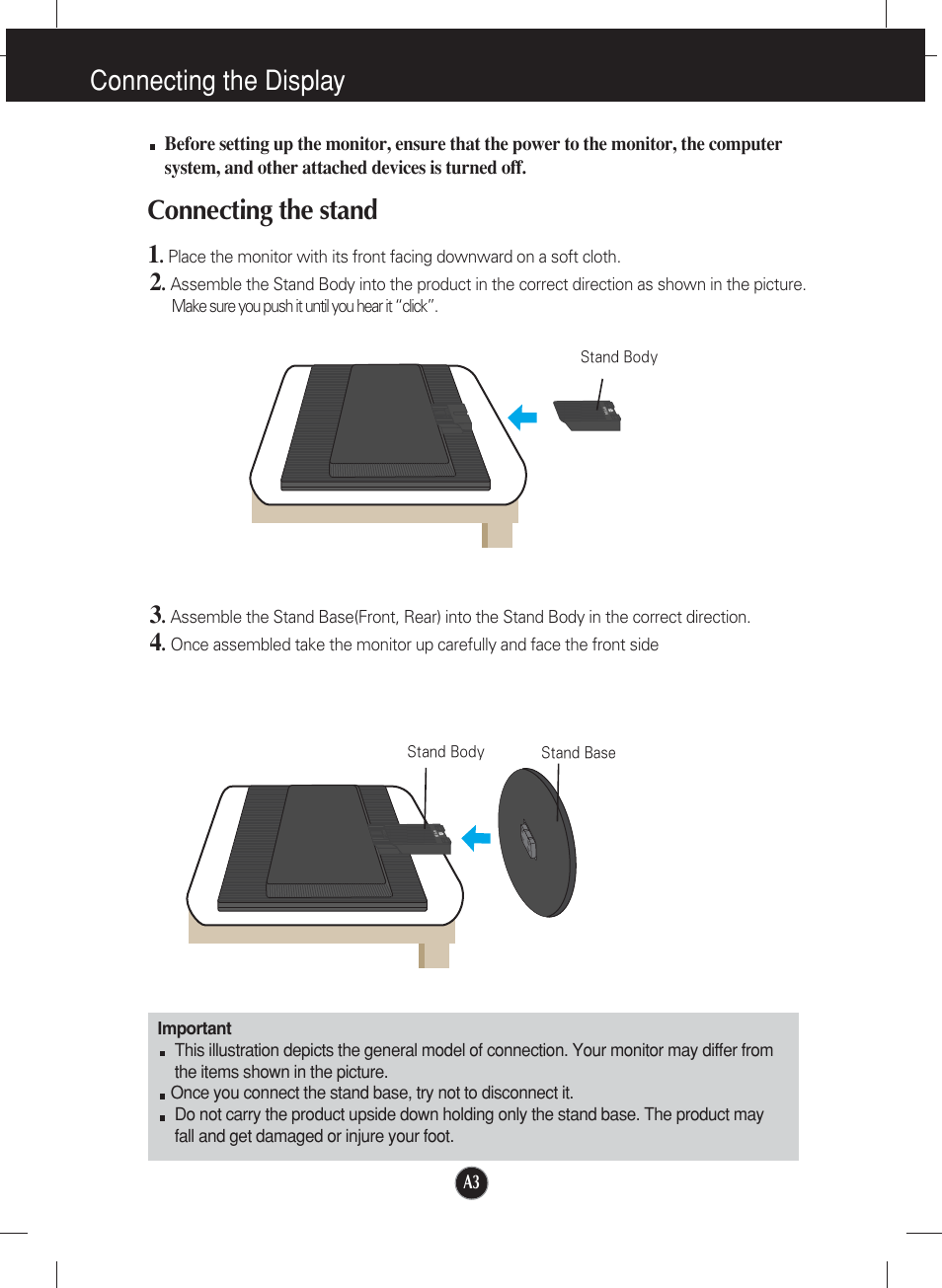 Connecting the display, Connecting the stand | LG L1752TX User Manual | Page 4 / 23