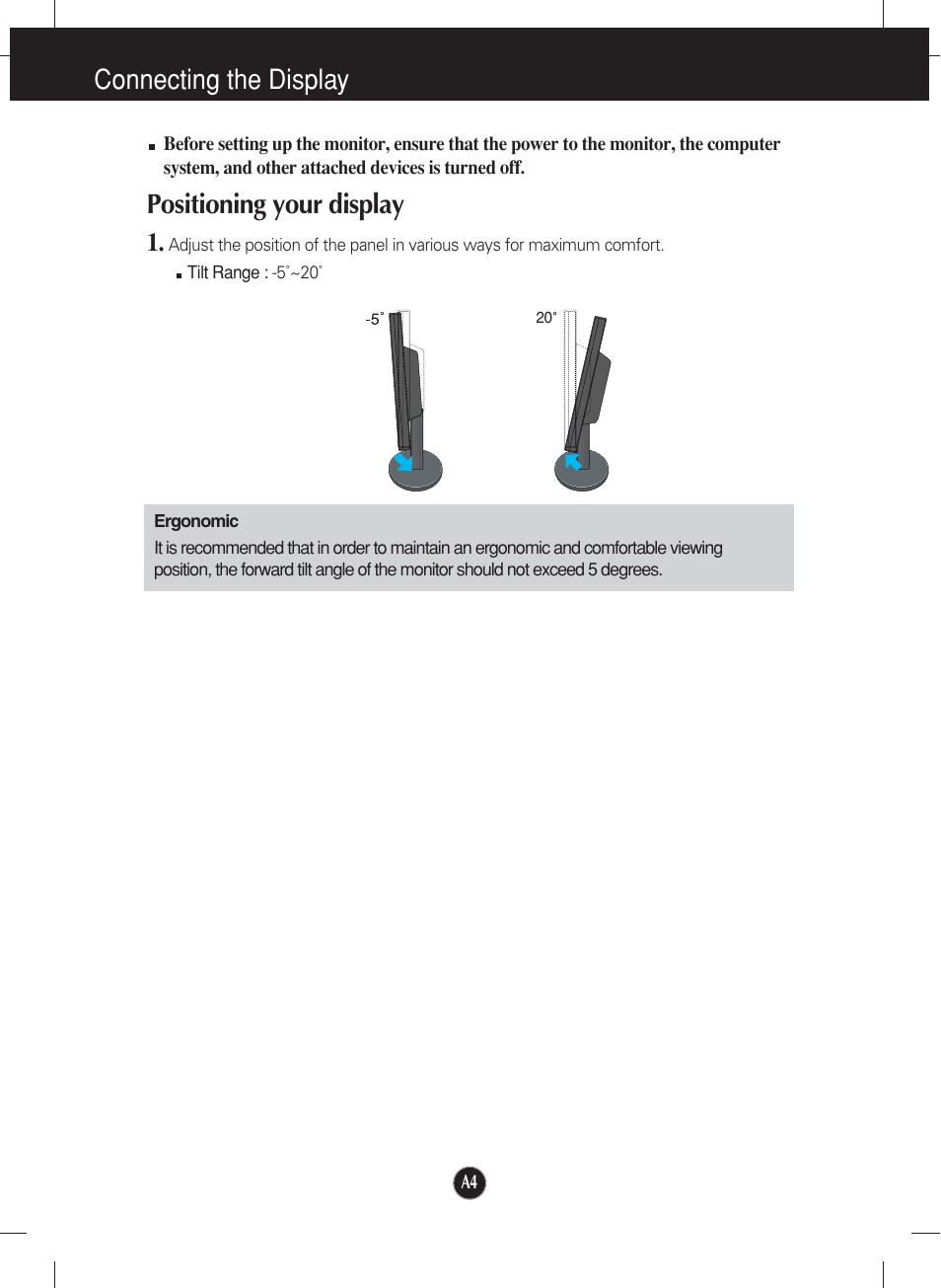Positioning your display, Connecting the display | LG L1752TX User Manual | Page 5 / 23