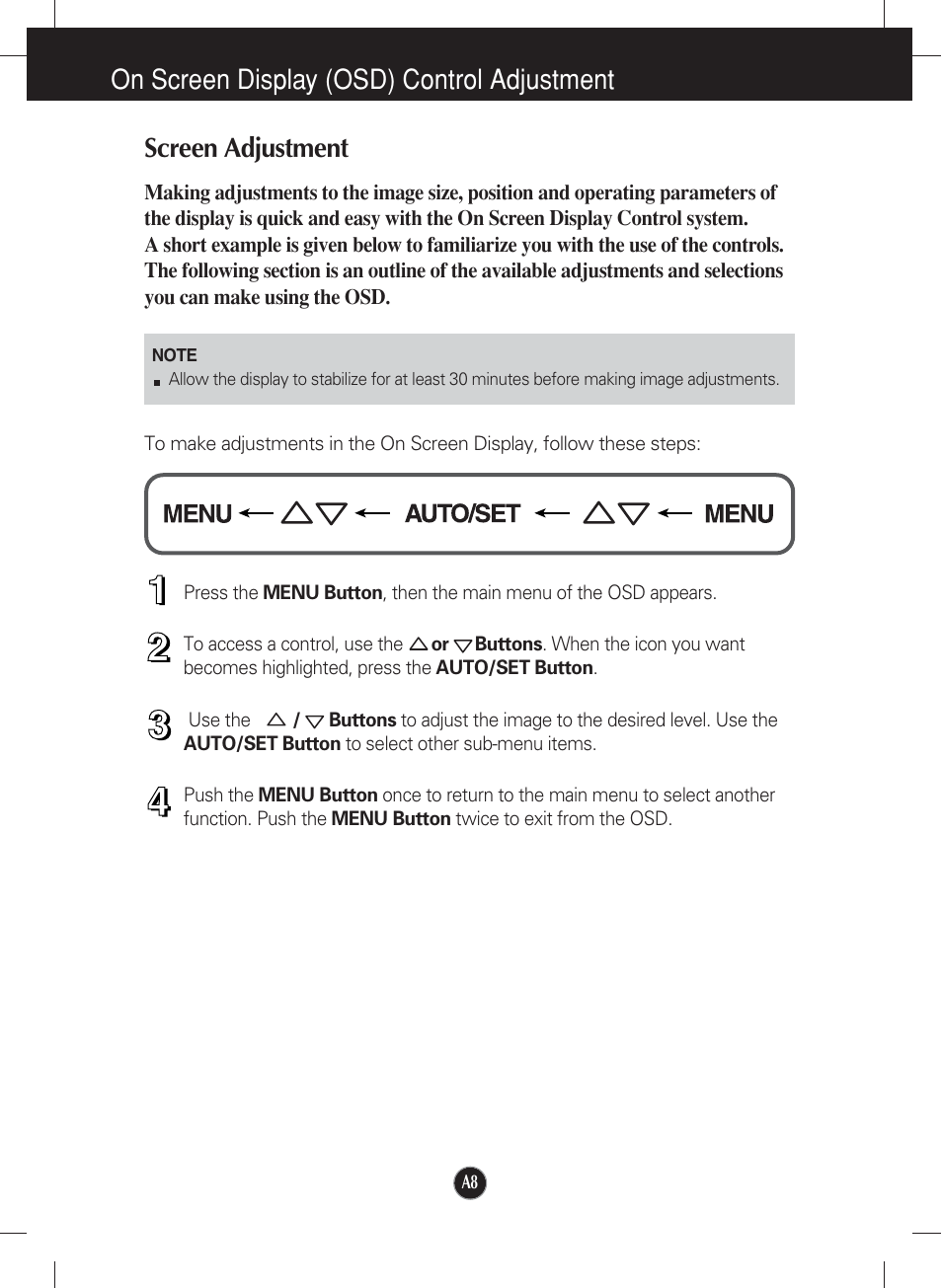 On screen display (osd) control adjustment, Screen adjustment | LG L1752TX User Manual | Page 9 / 23