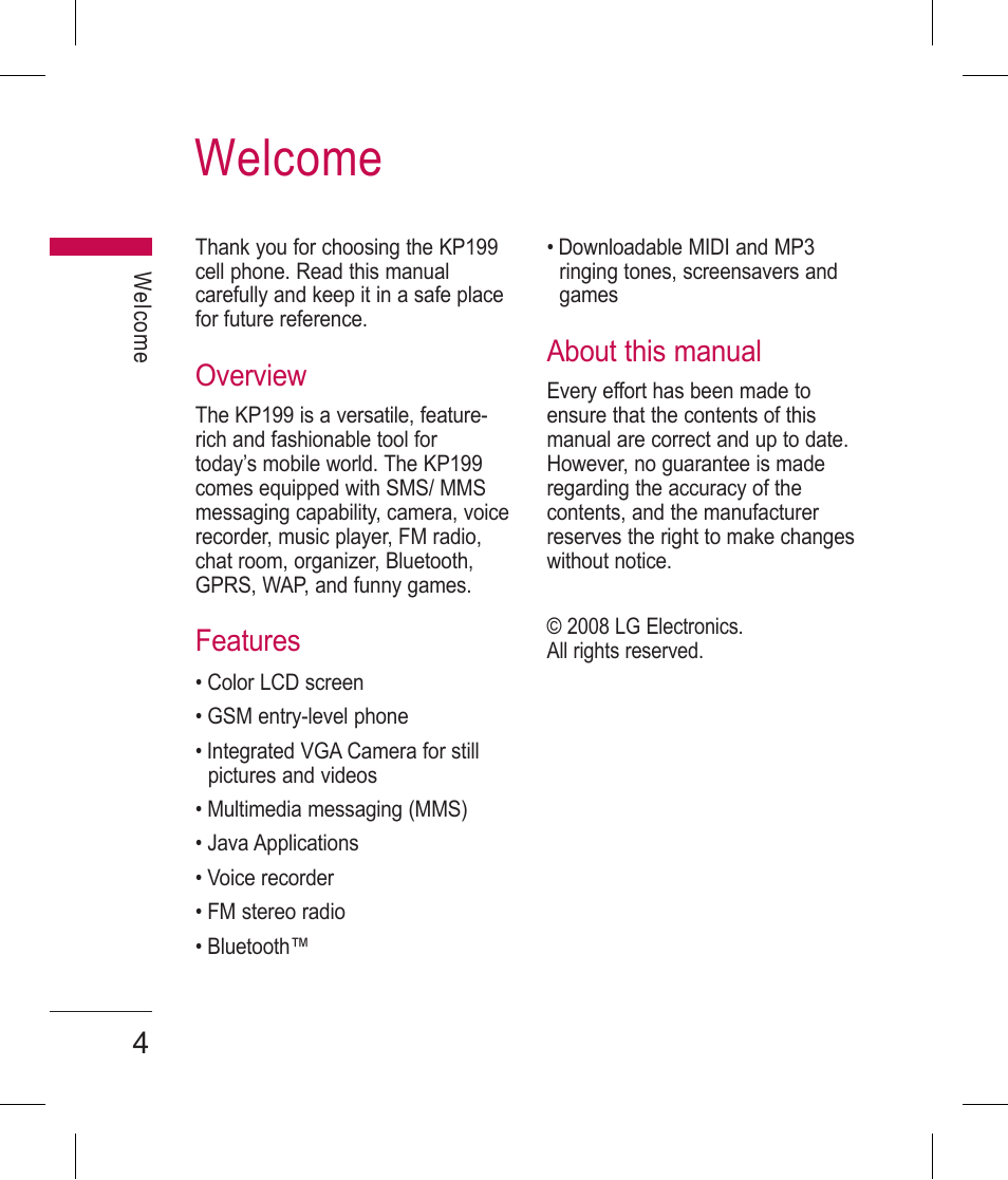 Welcome, Overview, Features | About this manual | LG BLUETOOTH QDID B013918 KP199 User Manual | Page 104 / 226