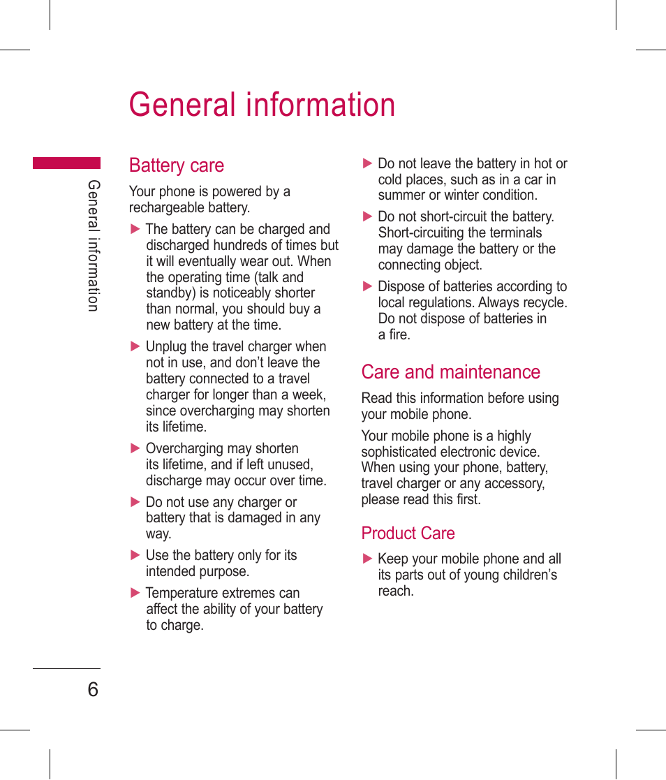 General information, Battery care, Care and maintenance | LG BLUETOOTH QDID B013918 KP199 User Manual | Page 106 / 226