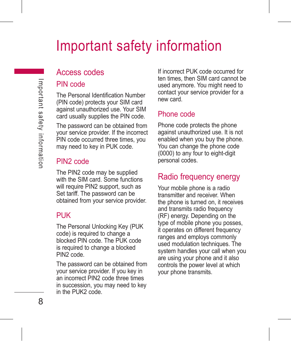 Important safety information, Access codes, Radio frequency energy | LG BLUETOOTH QDID B013918 KP199 User Manual | Page 108 / 226