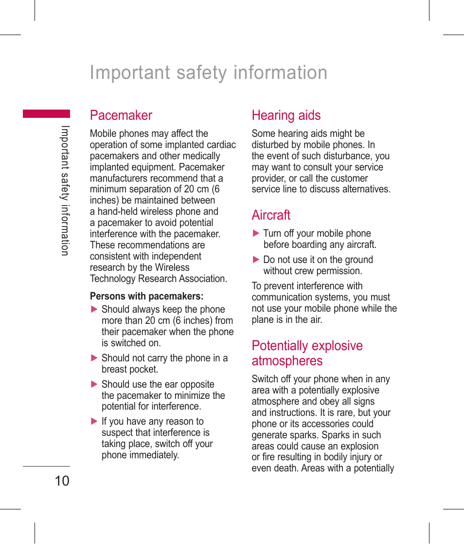 Important safety information, Pacemaker, Hearing aids | Aircraft, Potentially explosive atmospheres | LG BLUETOOTH QDID B013918 KP199 User Manual | Page 110 / 226