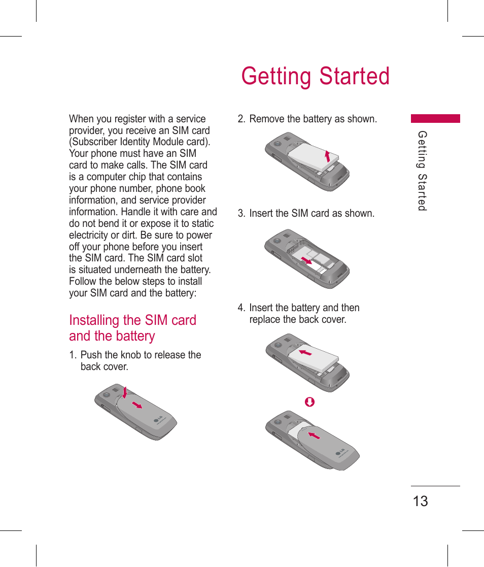 Getting started, Installing the sim card and the battery | LG BLUETOOTH QDID B013918 KP199 User Manual | Page 113 / 226