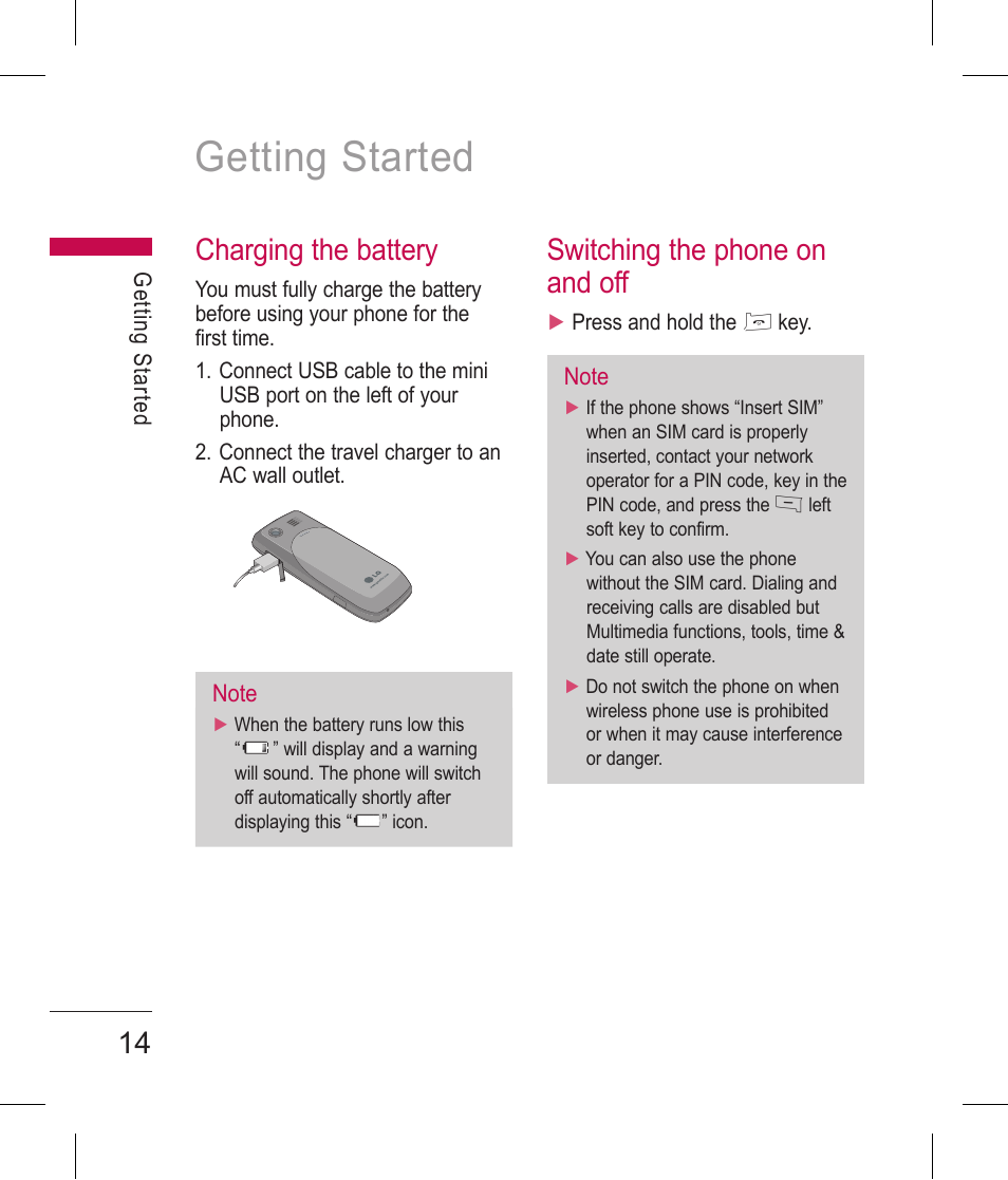 Getting started, Charging the battery, Switching the phone on and off | LG BLUETOOTH QDID B013918 KP199 User Manual | Page 114 / 226