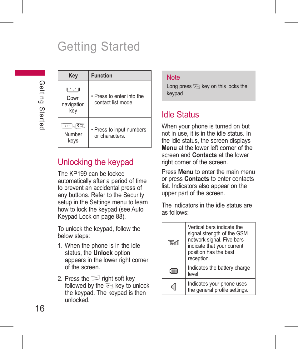 Getting started, Unlocking the keypad, Idle status | LG BLUETOOTH QDID B013918 KP199 User Manual | Page 116 / 226