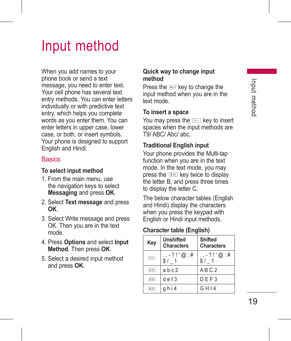 Input method | LG BLUETOOTH QDID B013918 KP199 User Manual | Page 119 / 226