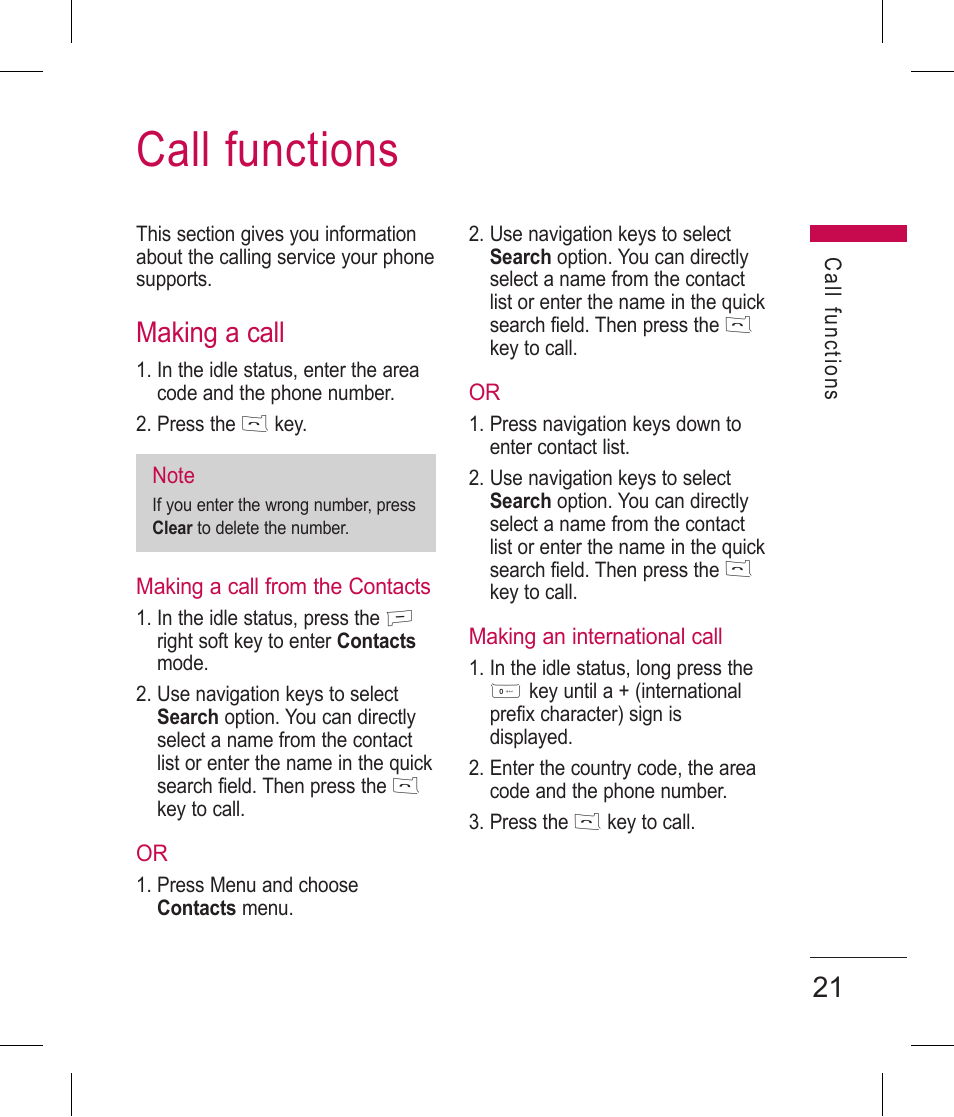 Call functions, Making a call | LG BLUETOOTH QDID B013918 KP199 User Manual | Page 121 / 226