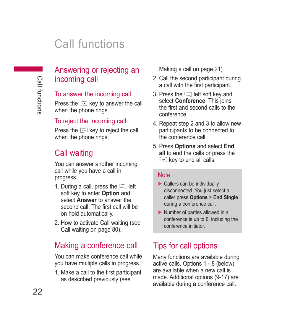 Call functions, Tips for call options, Answering or rejecting an incoming call | Call waiting, Making a conference call | LG BLUETOOTH QDID B013918 KP199 User Manual | Page 122 / 226