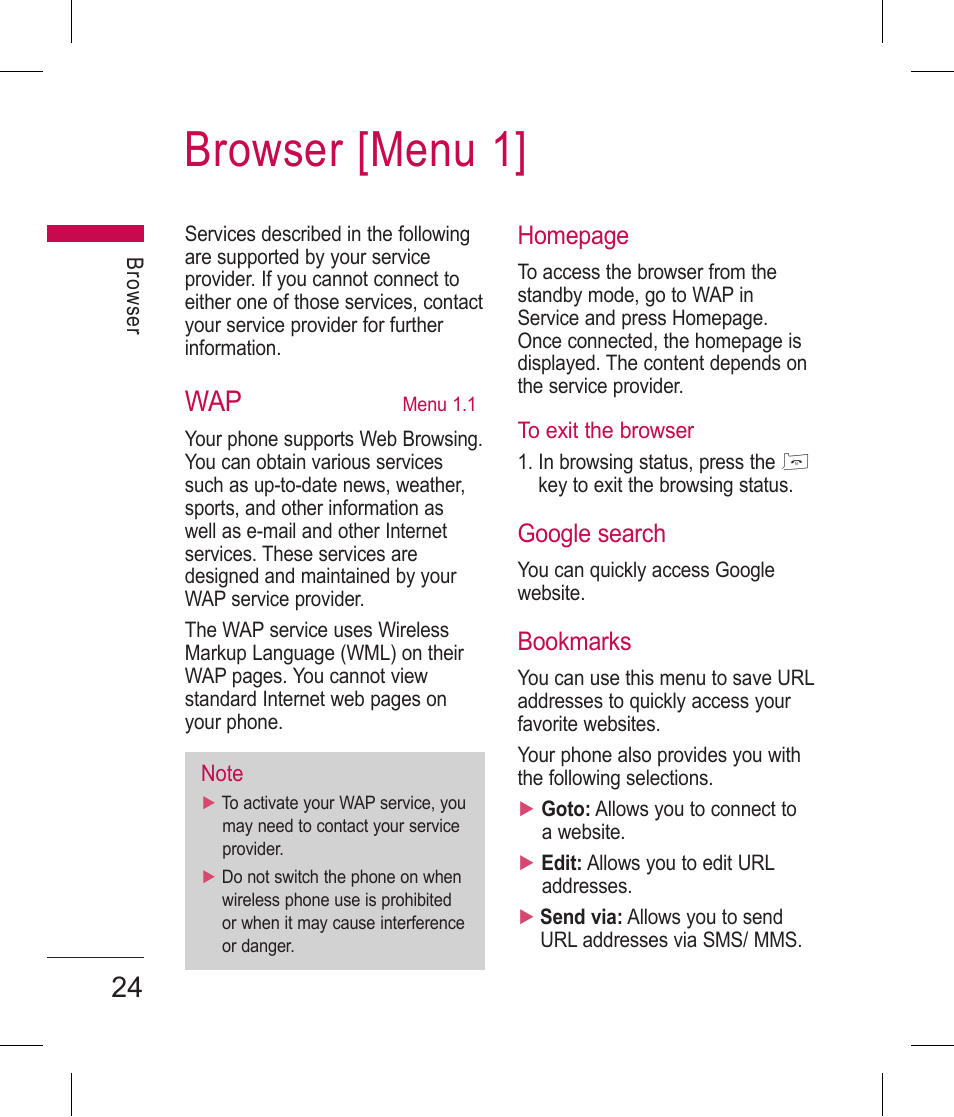 Browser [menu 1, Homepage, Google search | Bookmarks | LG BLUETOOTH QDID B013918 KP199 User Manual | Page 124 / 226