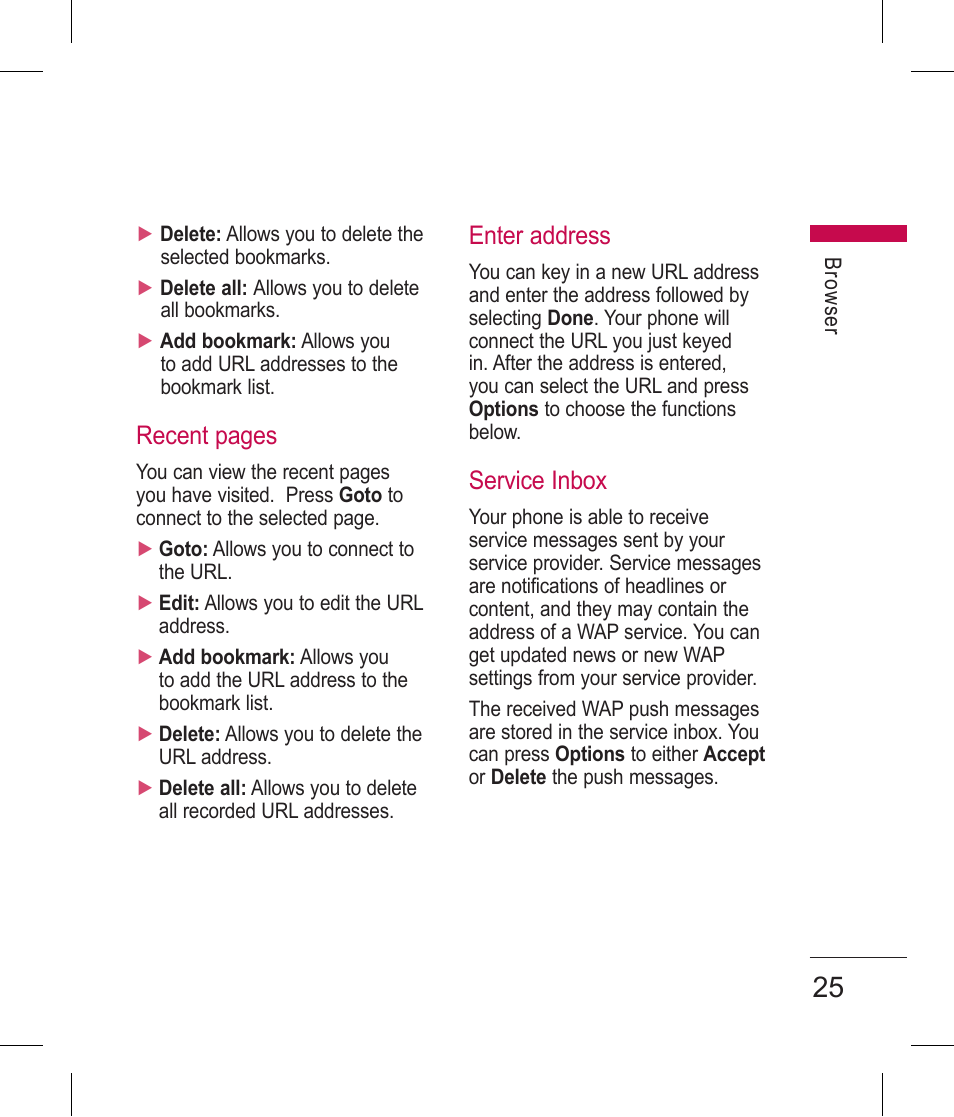 Enter address, Service inbox, Recent pages | LG BLUETOOTH QDID B013918 KP199 User Manual | Page 125 / 226