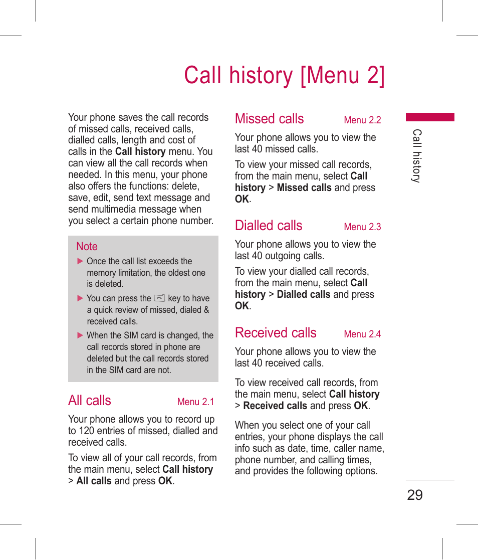 Call history [menu 2, All calls, Missed calls | Dialled calls, Received calls | LG BLUETOOTH QDID B013918 KP199 User Manual | Page 129 / 226
