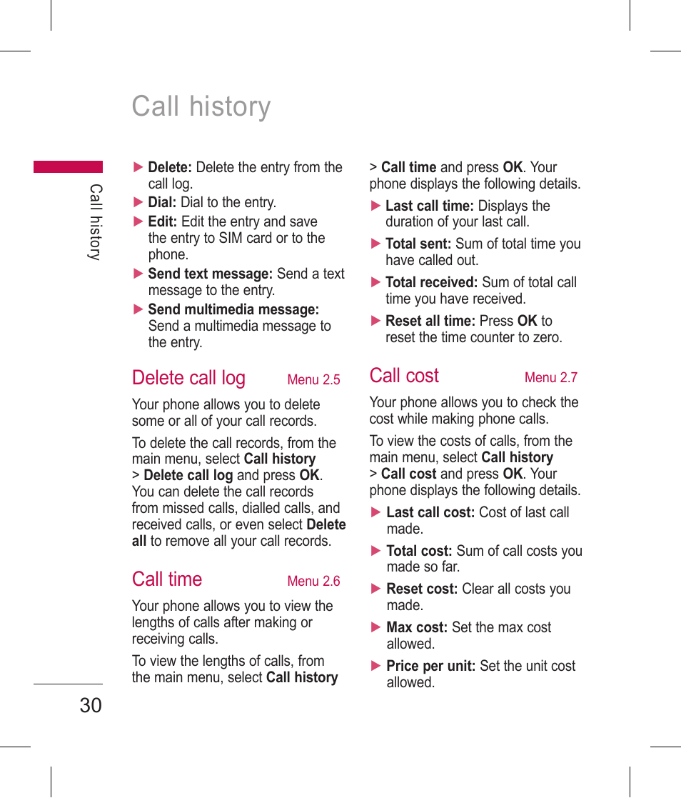 Call history, Delete call log, Call time | Call cost | LG BLUETOOTH QDID B013918 KP199 User Manual | Page 130 / 226