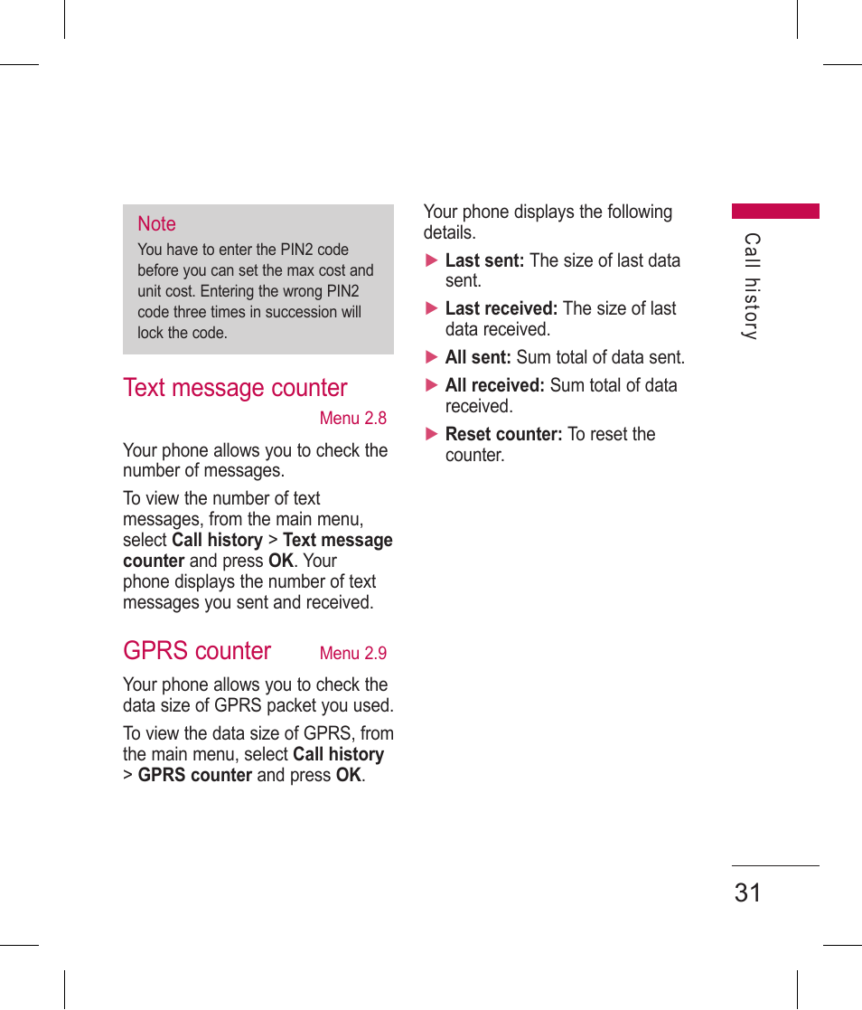Text message counter, Gprs counter | LG BLUETOOTH QDID B013918 KP199 User Manual | Page 131 / 226