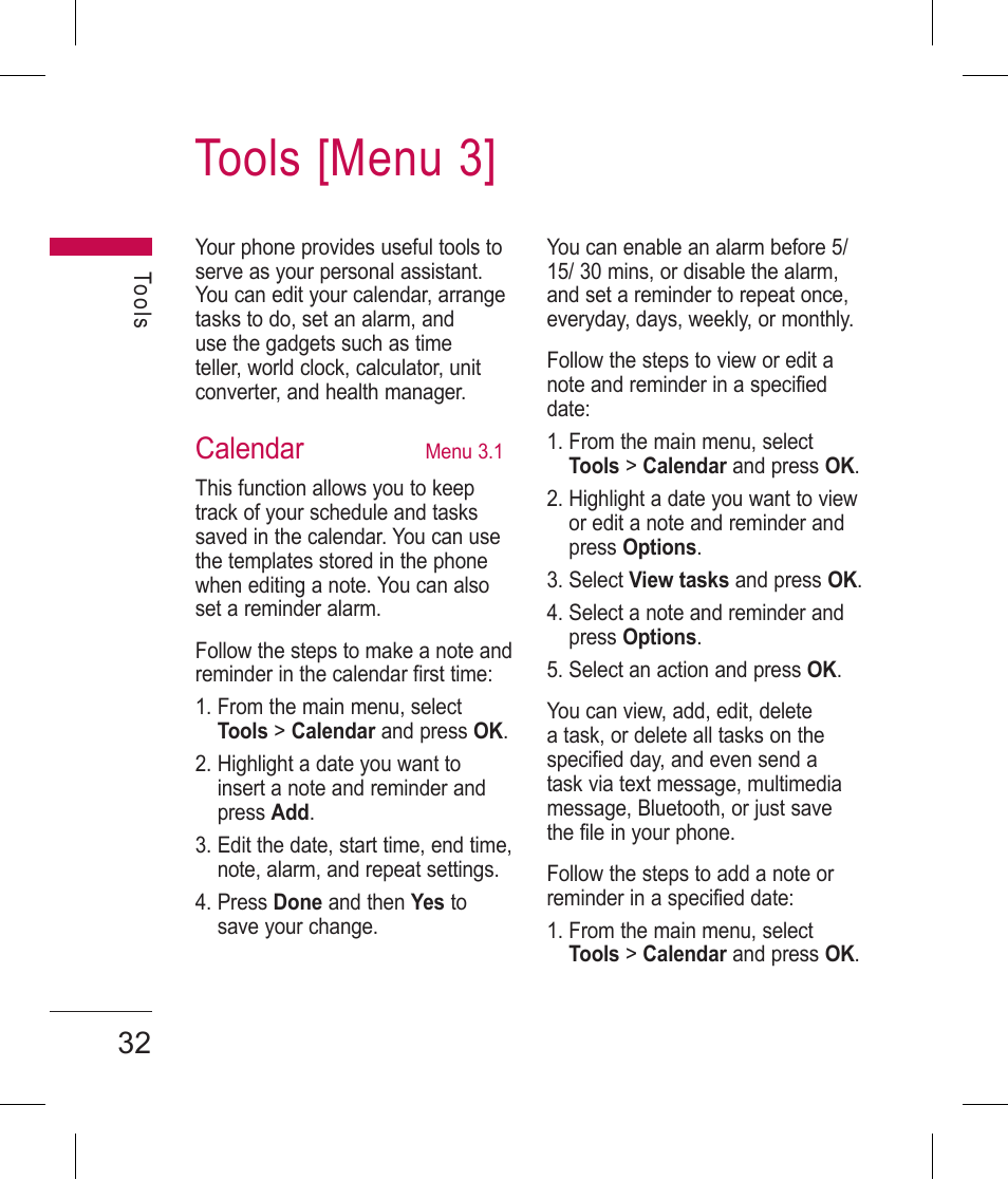 Tools [menu 3, Calendar | LG BLUETOOTH QDID B013918 KP199 User Manual | Page 132 / 226