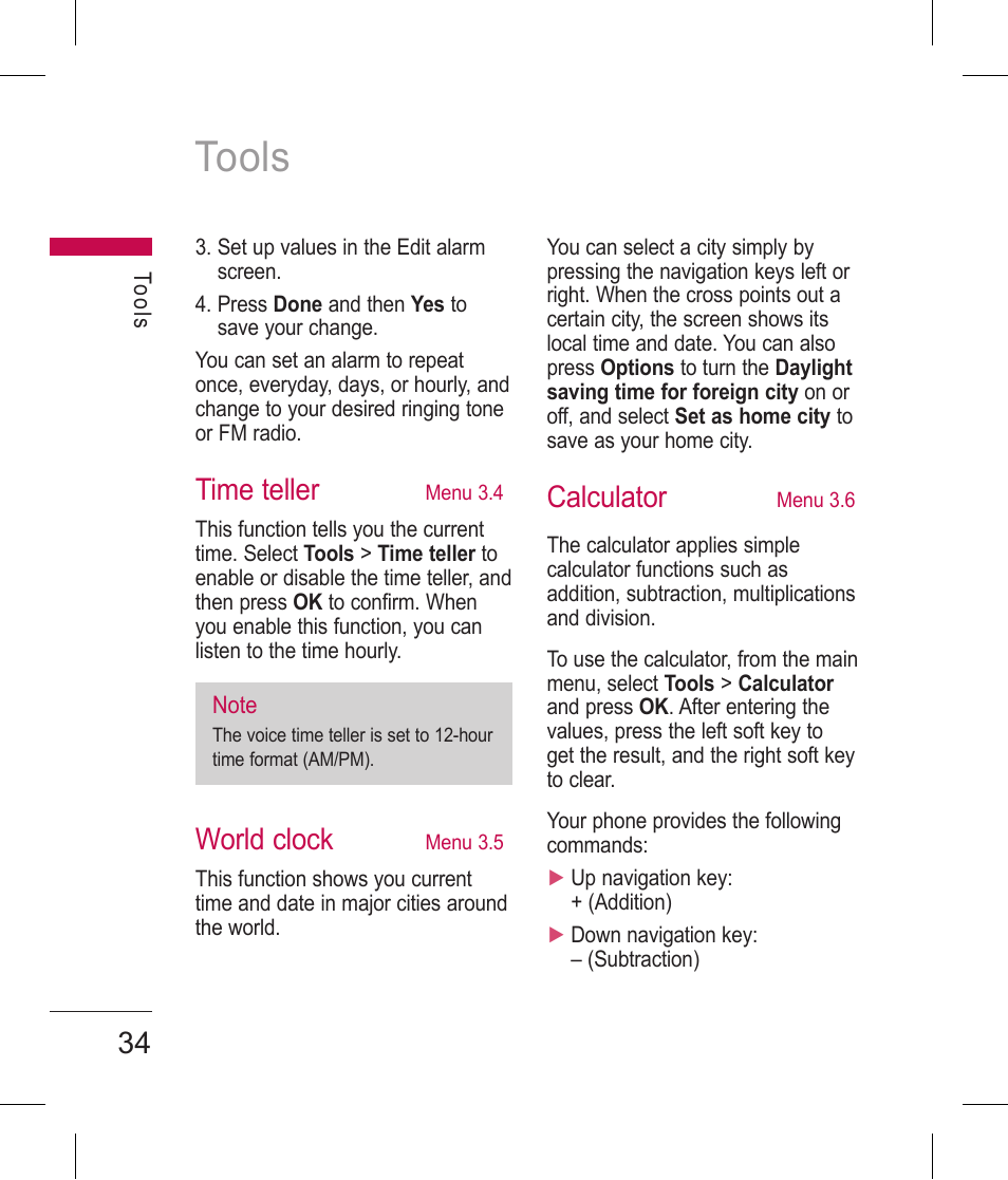 Tools, Time teller, World clock | Calculator | LG BLUETOOTH QDID B013918 KP199 User Manual | Page 134 / 226