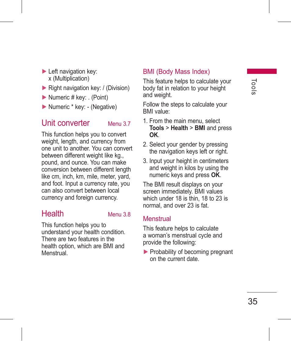 Unit converter, Health | LG BLUETOOTH QDID B013918 KP199 User Manual | Page 135 / 226