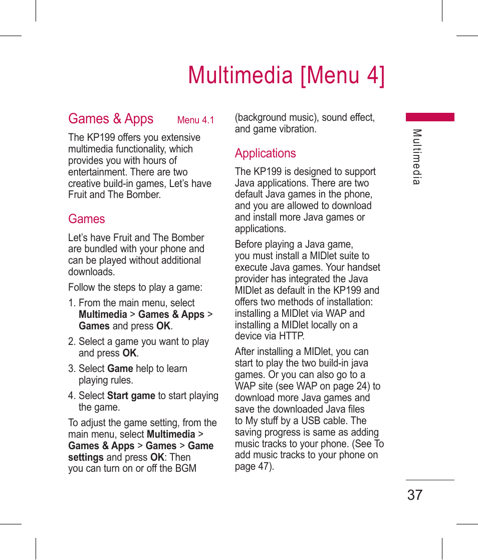 Multimedia [menu 4, 37 games & apps | LG BLUETOOTH QDID B013918 KP199 User Manual | Page 137 / 226