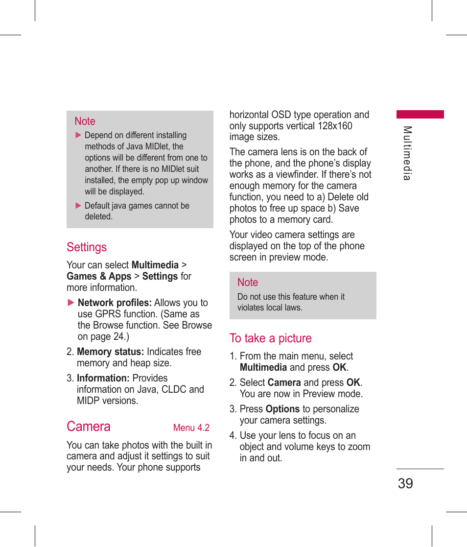 Camera, Settings | LG BLUETOOTH QDID B013918 KP199 User Manual | Page 139 / 226