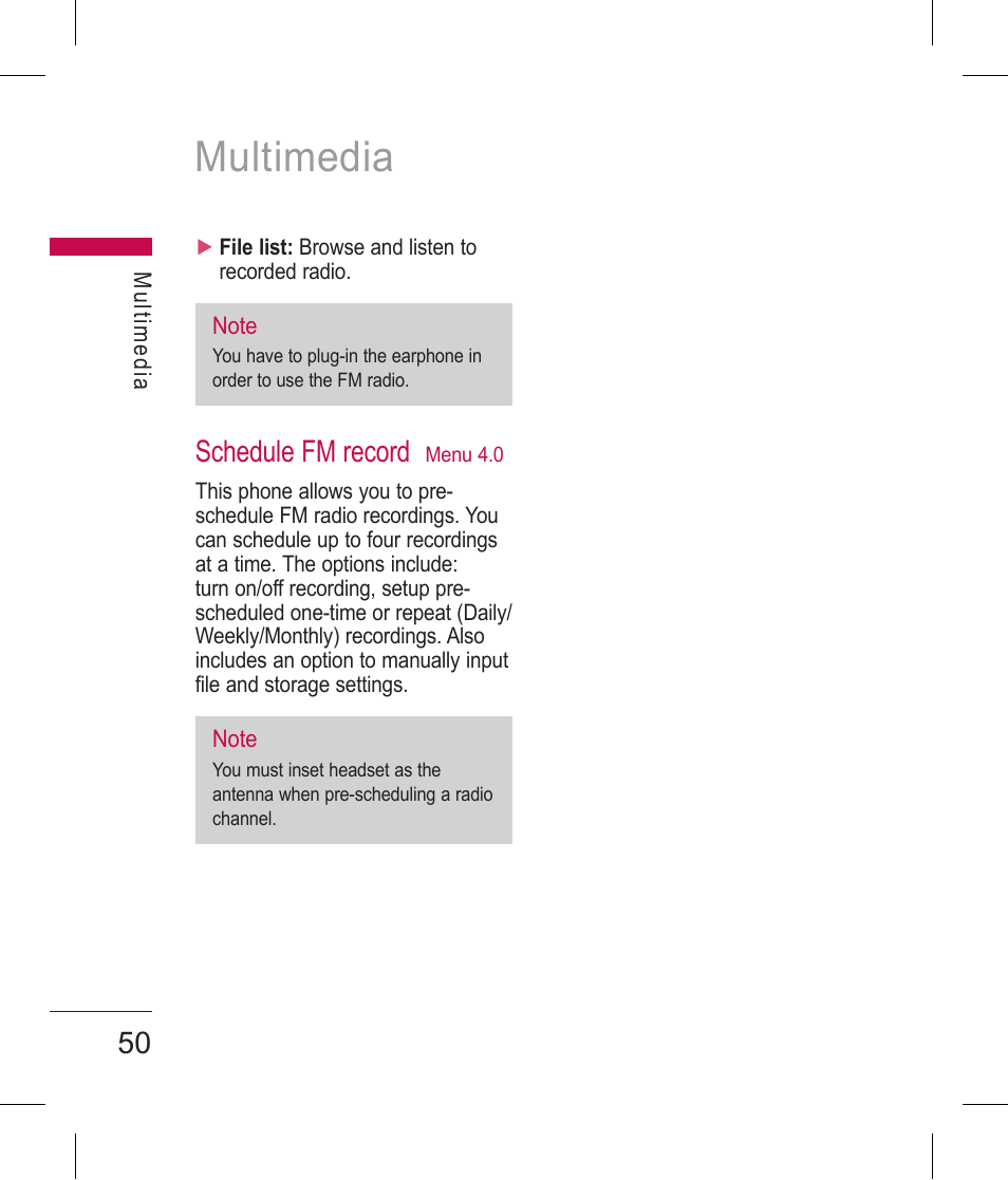 Multimedia, Schedule fm record | LG BLUETOOTH QDID B013918 KP199 User Manual | Page 150 / 226