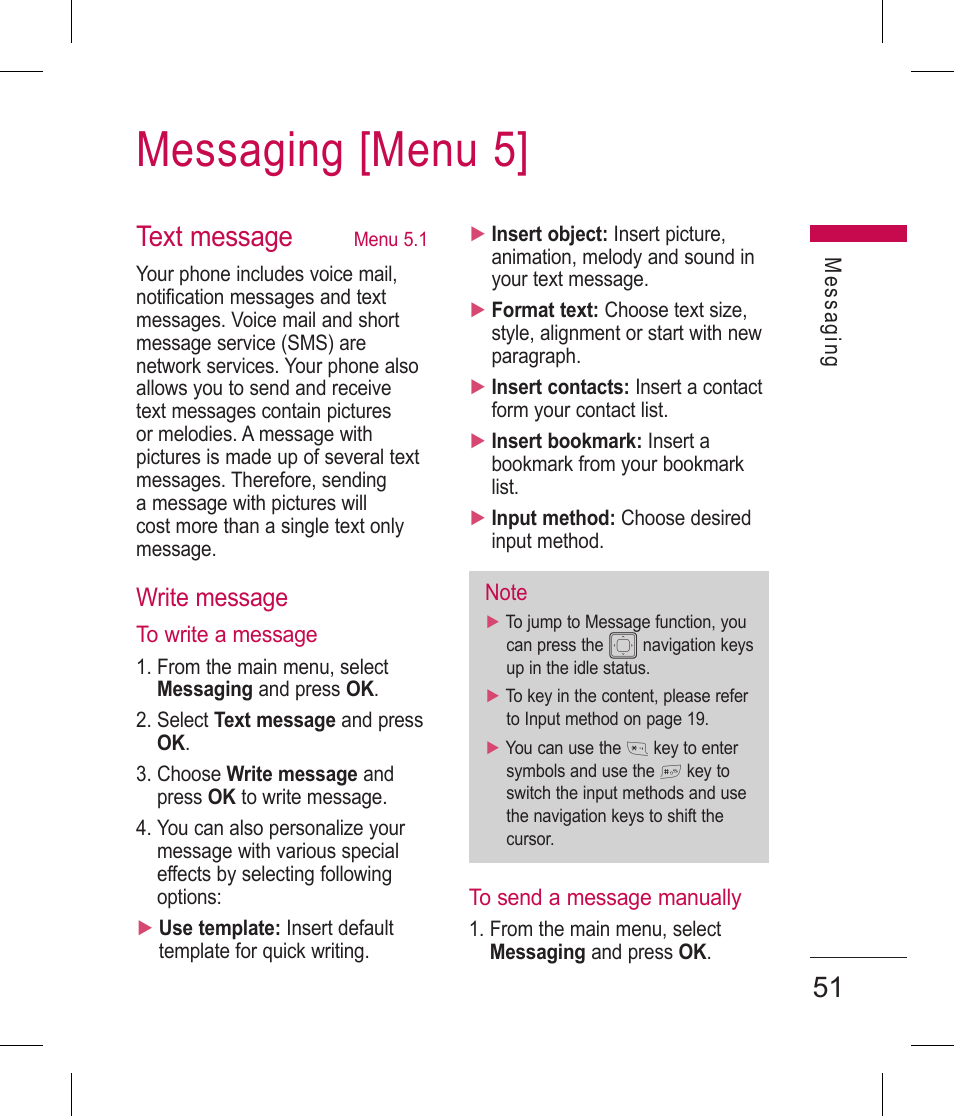 Messaging [menu 5, 51 text message, Write message | LG BLUETOOTH QDID B013918 KP199 User Manual | Page 151 / 226